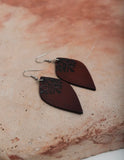 Engraved leather leaf earrings