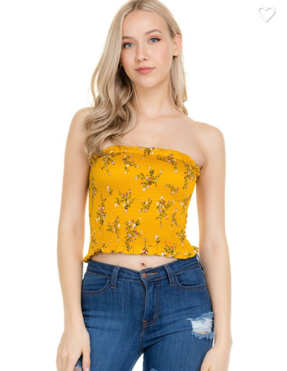 Floral smocked tube top in yellow